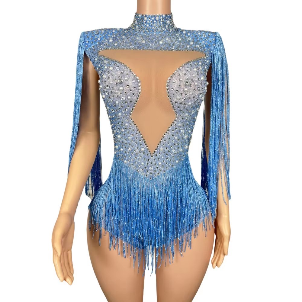 Blue Rhinestone Tassel Bodysui - Rhinestone Banding Trim 评论和价格