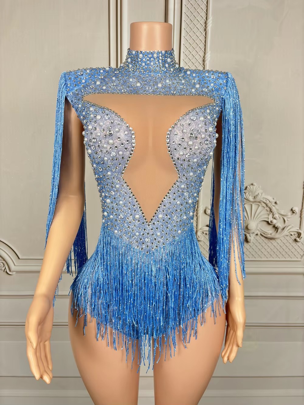 Blue Rhinestone Tassel Bodysui - Rhinestone Banding Trim 评论和价格