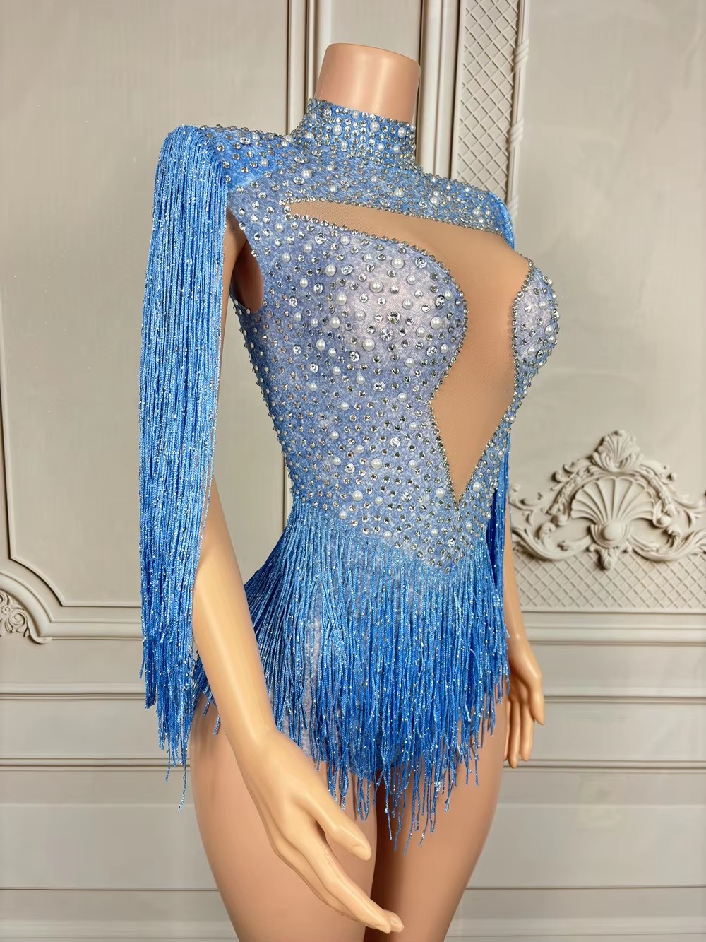 Blue Rhinestone Tassel Bodysui - Rhinestone Banding Trim 评论和价格