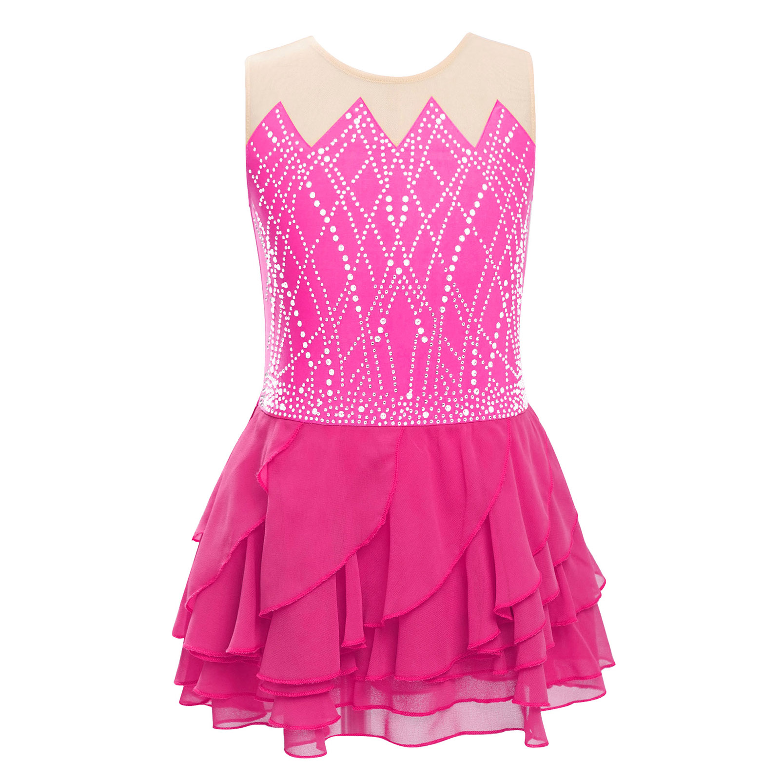 Girls Mesh Figure Skating Dres - Rhinestone Banding Trim 评论和价格